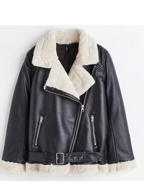 Divided H&M Black Faux Leather Moto Shearling Biker Jacket